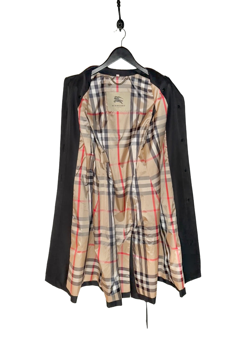 Opened interior with check pattern of Burberry Black Polyester Satin Mabeldon Trench Coat