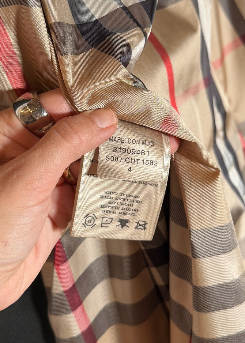 Size and authenticity label of Burberry Black Polyester Satin Mabeldon Trench Coat