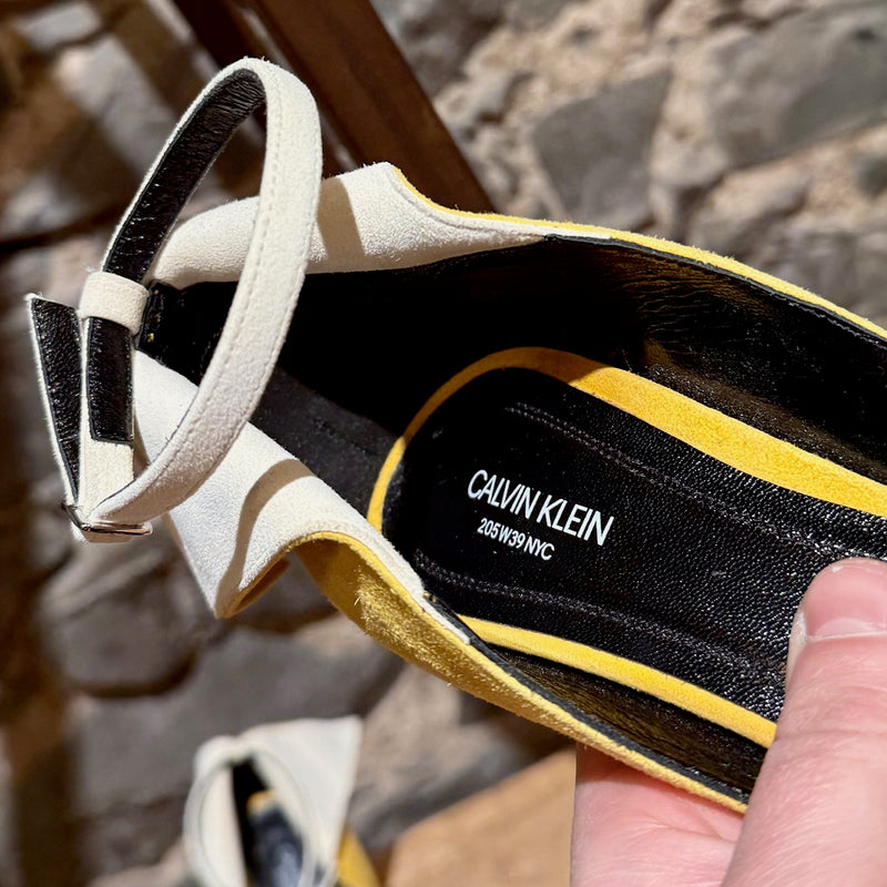 Ankle strap and Branded insole of Calvin Klein 205W39NYC Yellow Suede Leititia Pumps