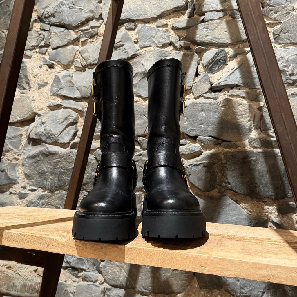 Celine Black Leather Harness Bulky Biker Mid Boots