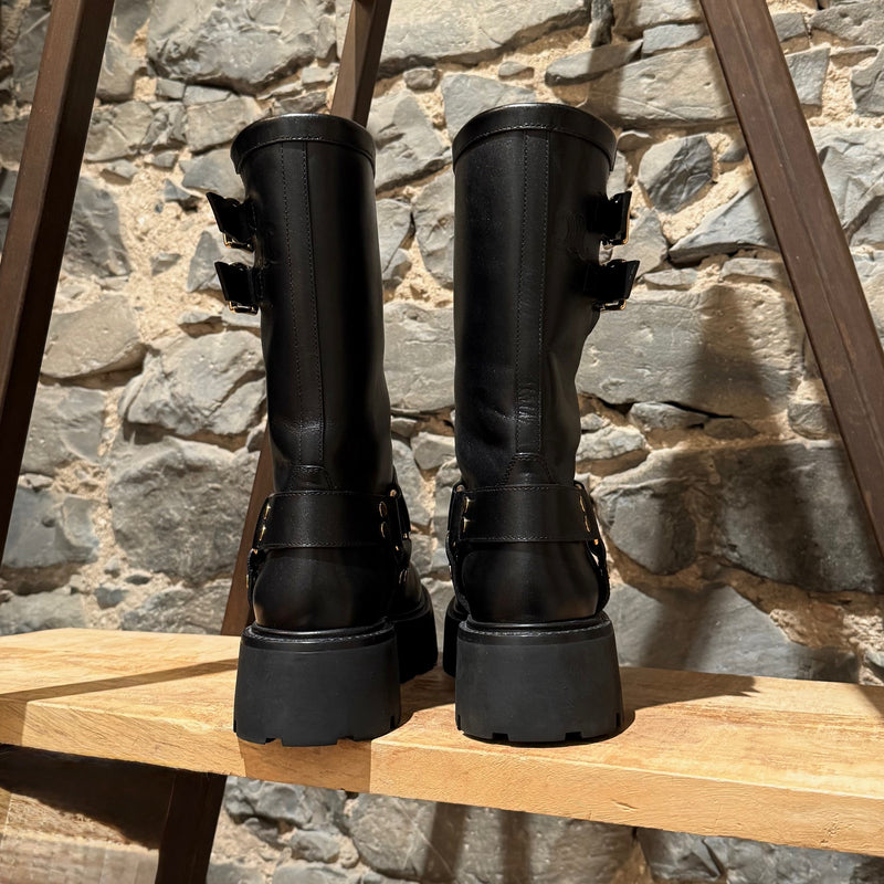 Celine Black Leather Harness Bulky Biker Mid Boots