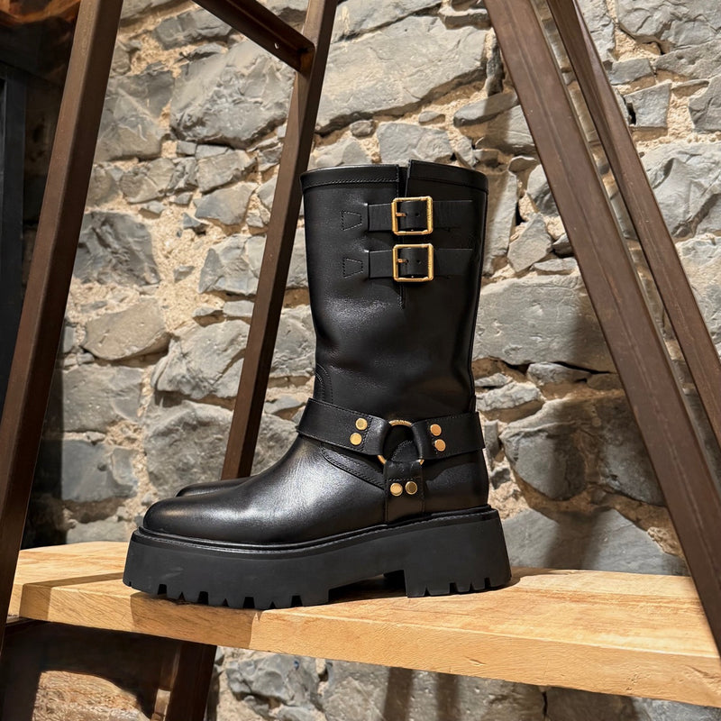 Celine Black Leather Harness Bulky Biker Mid Boots