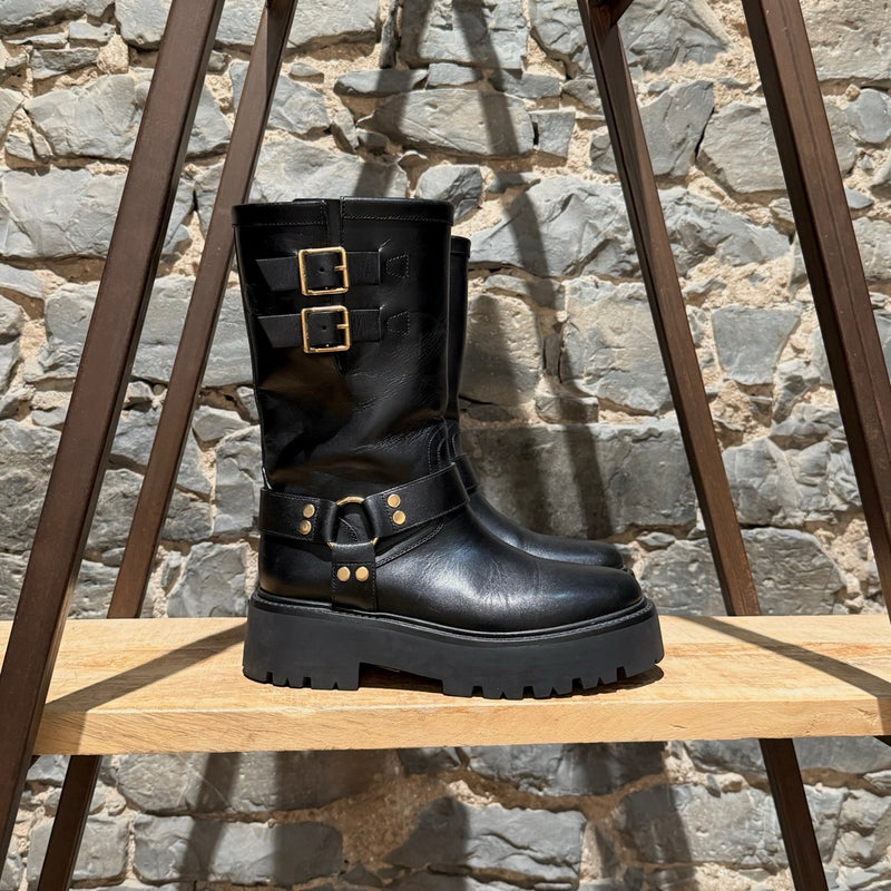 Celine Black Leather Harness Bulky Biker Mid Boots