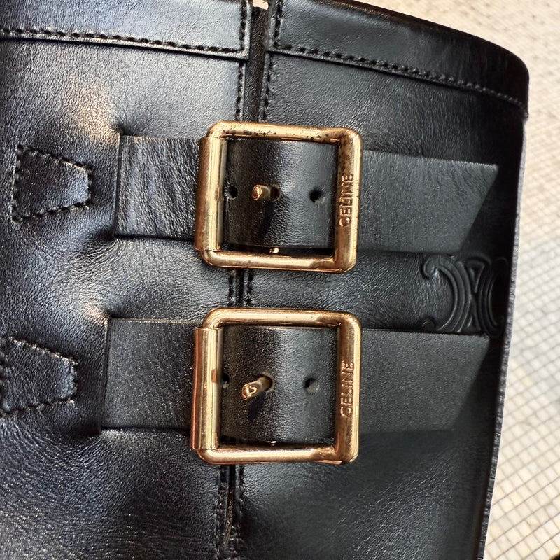 Celine Black Leather Harness Bulky Biker Mid Boots