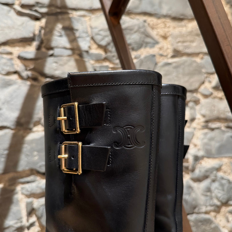 Celine Black Leather Harness Bulky Biker Mid Boots