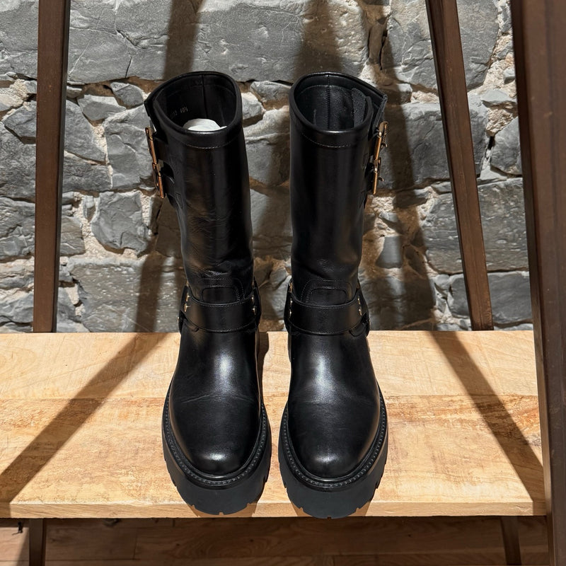 Celine Black Leather Harness Bulky Biker Mid Boots
