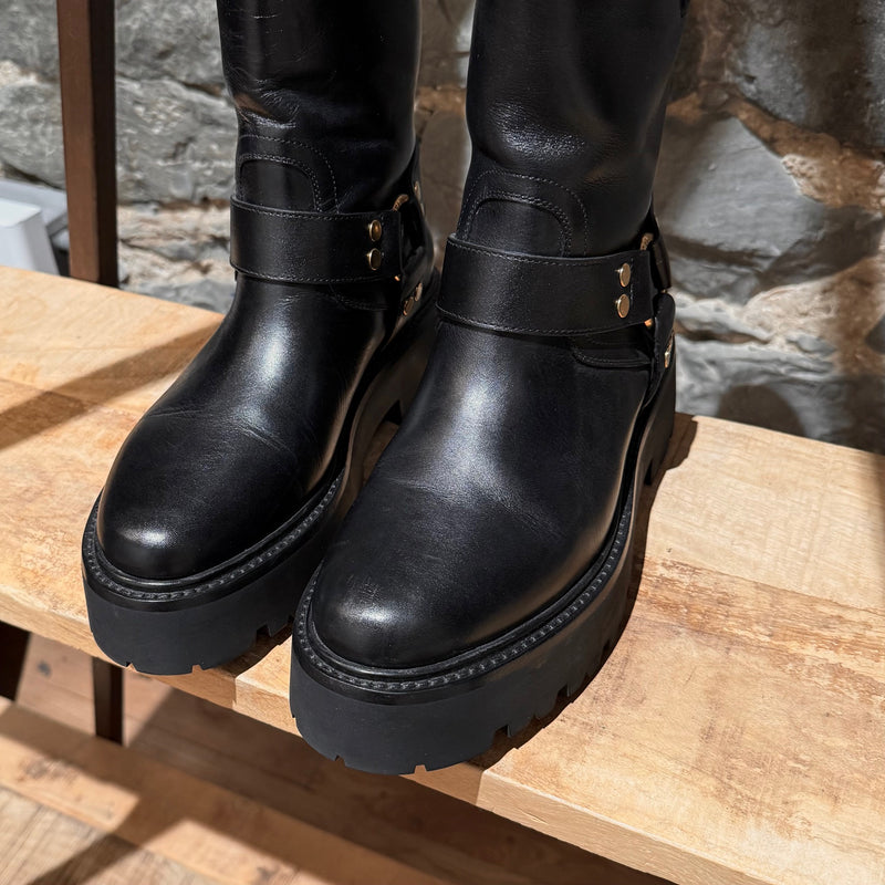 Celine Black Leather Harness Bulky Biker Mid Boots