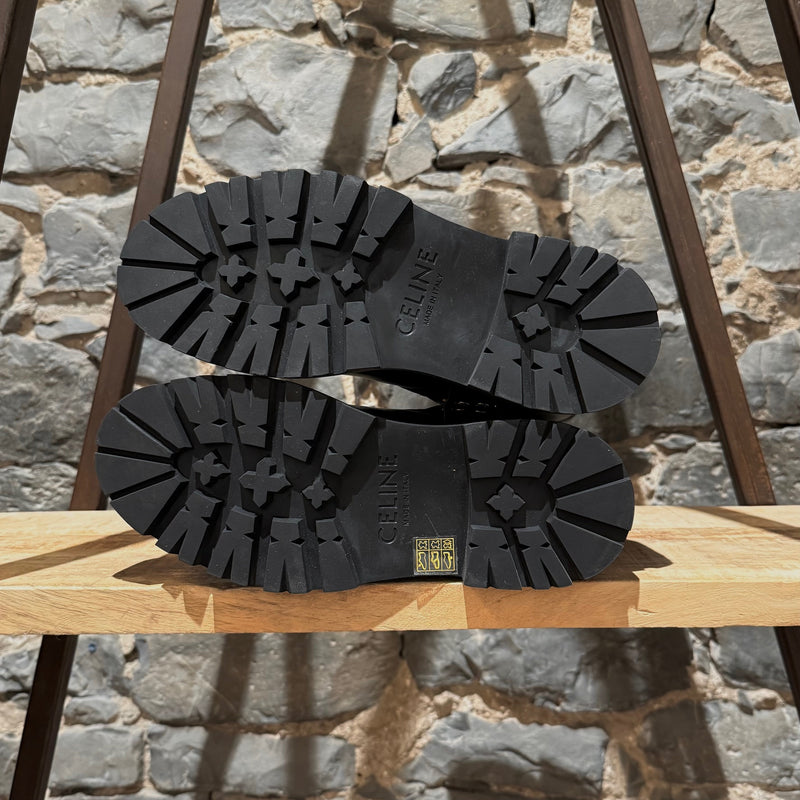 Celine Black Leather Harness Bulky Biker Mid Boots