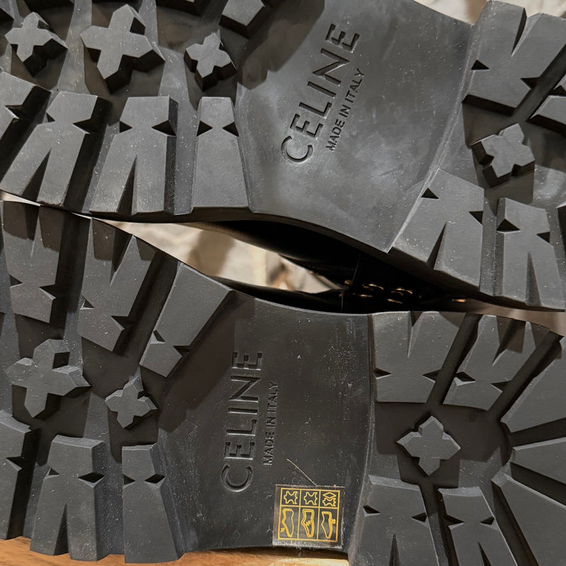 Celine Black Leather Harness Bulky Biker Mid Boots