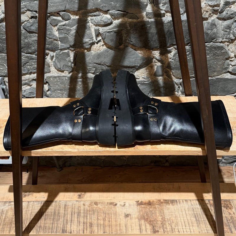 Celine Black Leather Harness Bulky Biker Mid Boots