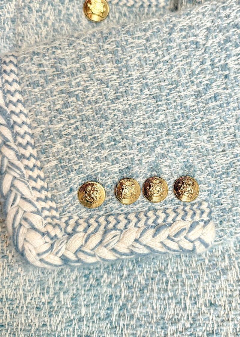 Branded hardware of Celine Blue Ivory Tweed Open Cardigan Jacket
