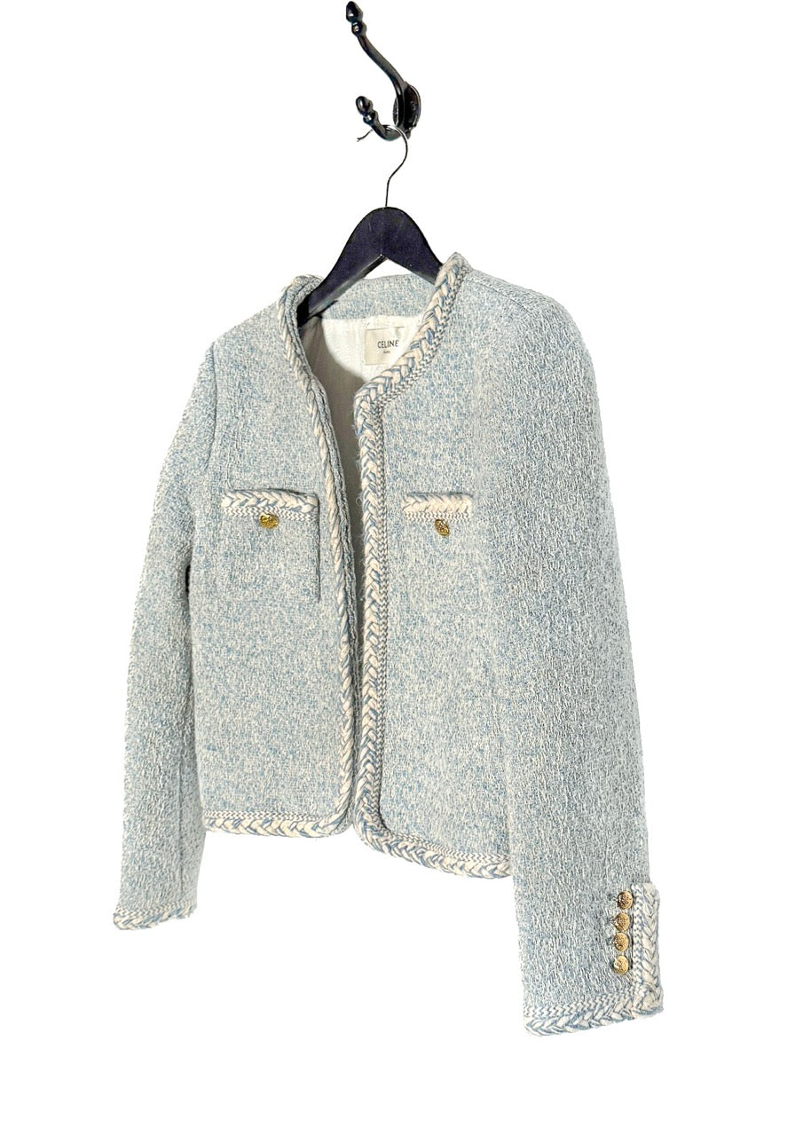 Side front view of Celine Blue Ivory Tweed Open Cardigan Jacket