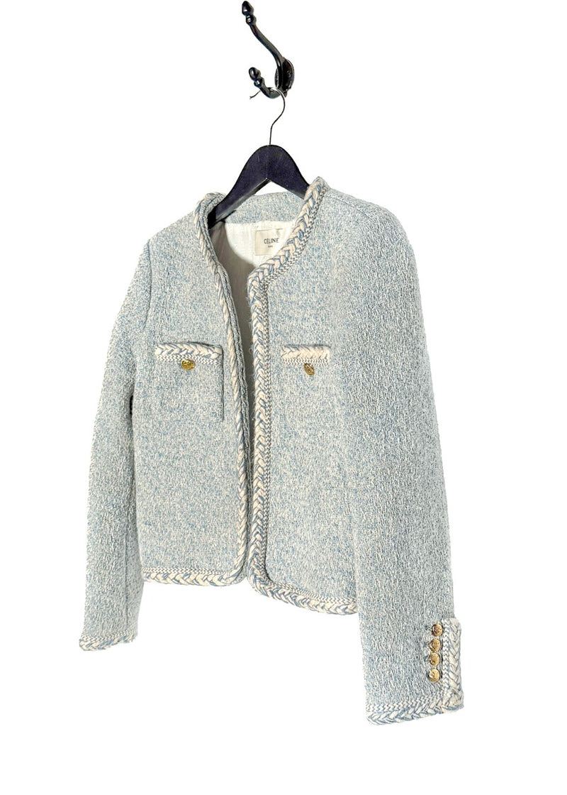 Side front view of Celine Blue Ivory Tweed Open Cardigan Jacket