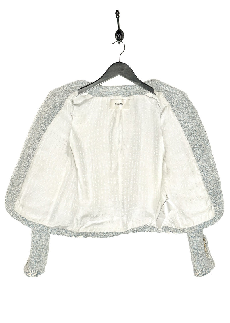 Interior of Celine Blue Ivory Tweed Open Cardigan Jacket
