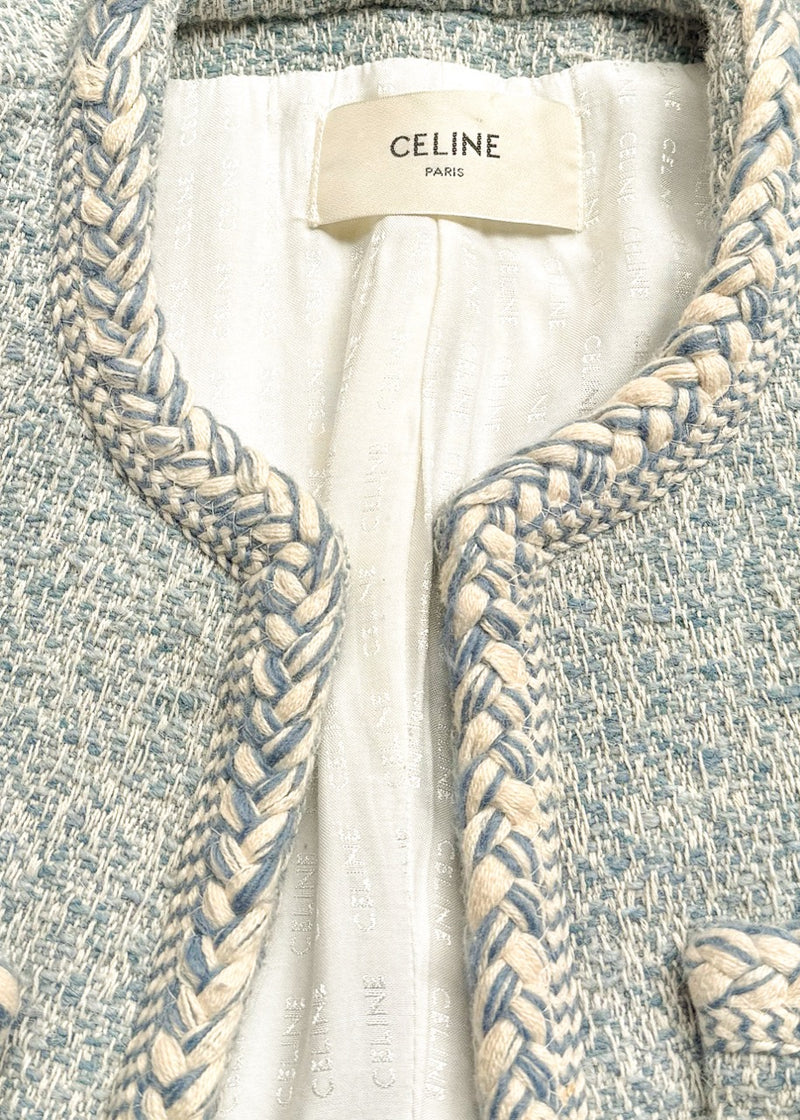 Collar area of Celine Blue Ivory Tweed Open Cardigan Jacket