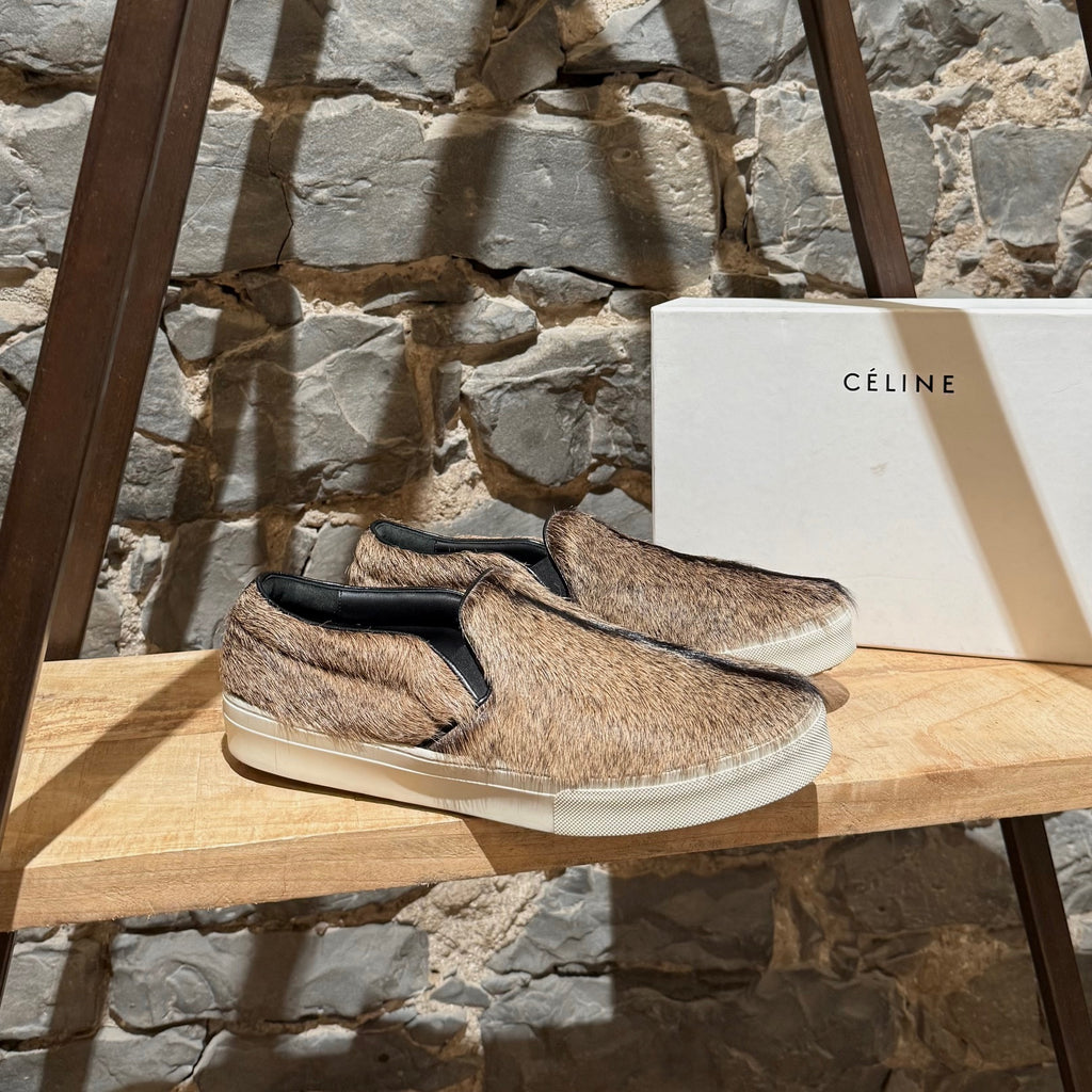 Baskets à enfiler Céline 2015 en fourrure de chèvre brun