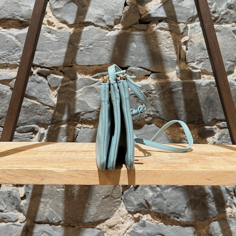 A side view of Céline Light Blue Small Trio Crossbody Bag