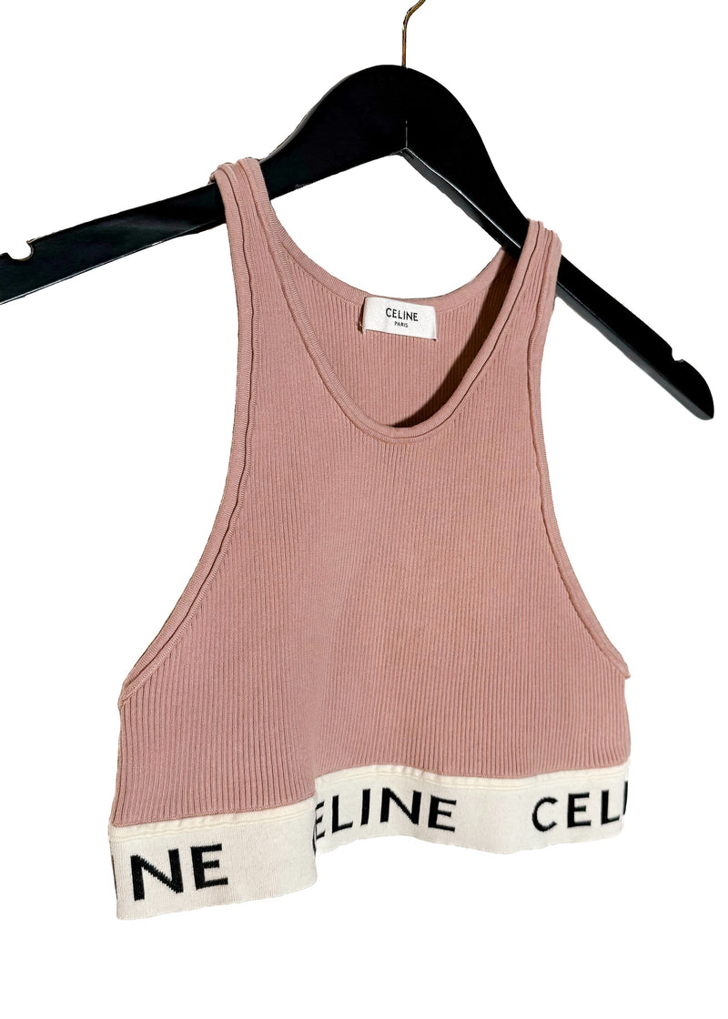 Celine Pink Ribbed Logo Sport Tank Top