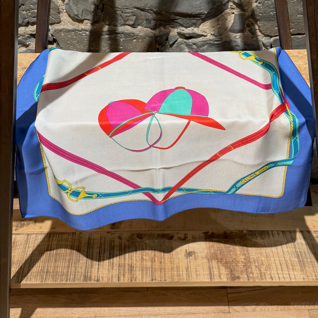 Celine Vintage Ivory Blue Hat Print Silk Square Scarf