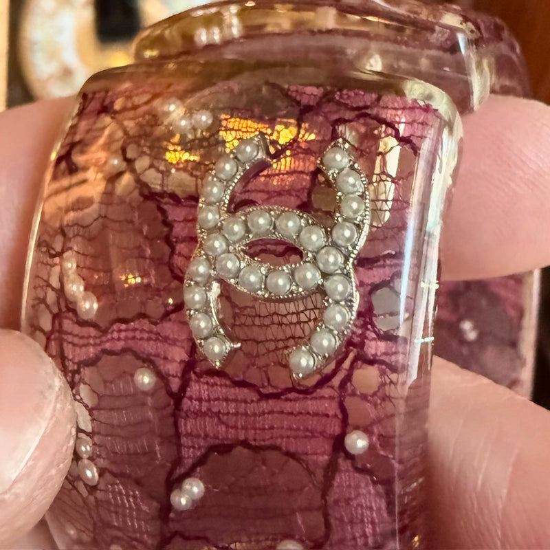 Chanel 13P Pink Lucite Lace Inlay CC Pearl Embellished Wide Bangle Bracelet