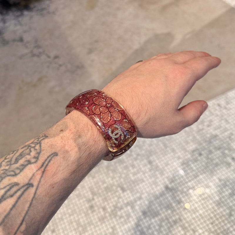 Chanel 13P Pink Lucite Lace Inlay CC Pearl Embellished Wide Bangle Bracelet