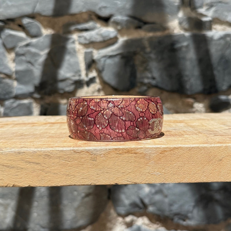 Chanel 13P Pink Lucite Lace Inlay CC Pearl Embellished Wide Bangle Bracelet