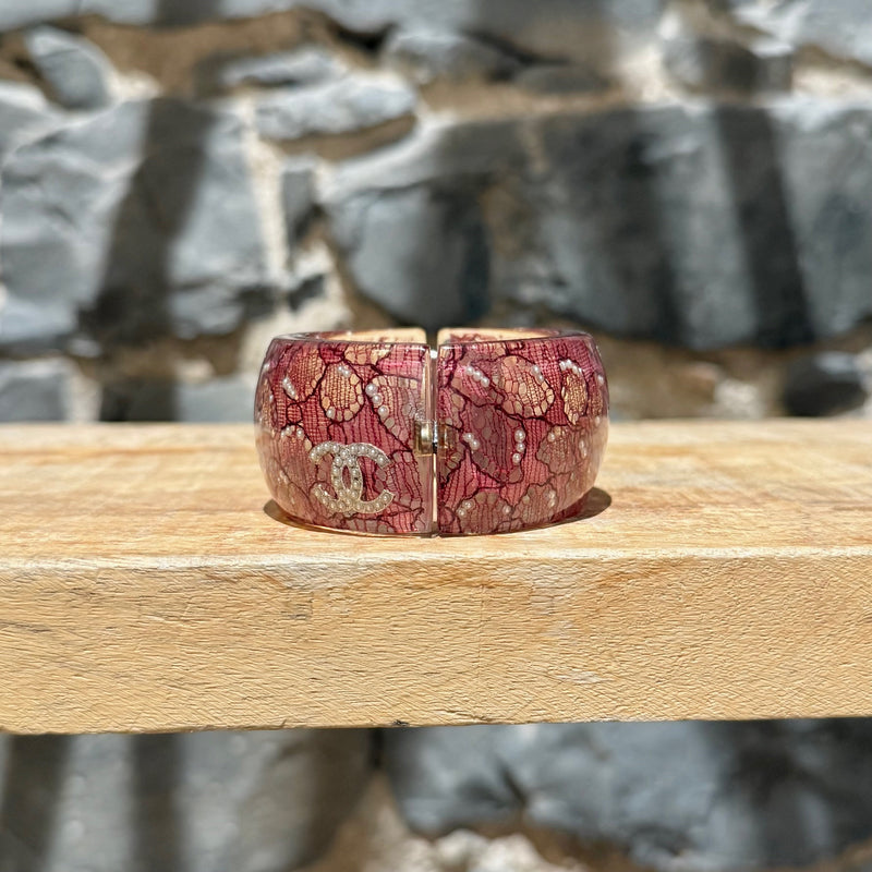 Chanel 13P Pink Lucite Lace Inlay CC Pearl Embellished Wide Bangle Bracelet