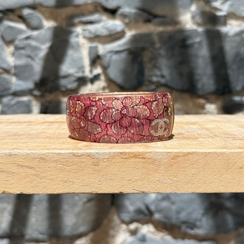 Chanel 13P Pink Lucite Lace Inlay CC Pearl Embellished Wide Bangle Bracelet