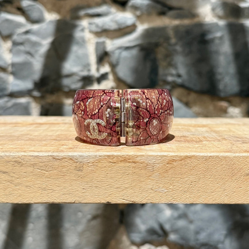 Chanel 13P Pink Lucite Lace Inlay CC Pearl Embellished Wide Bangle Bracelet