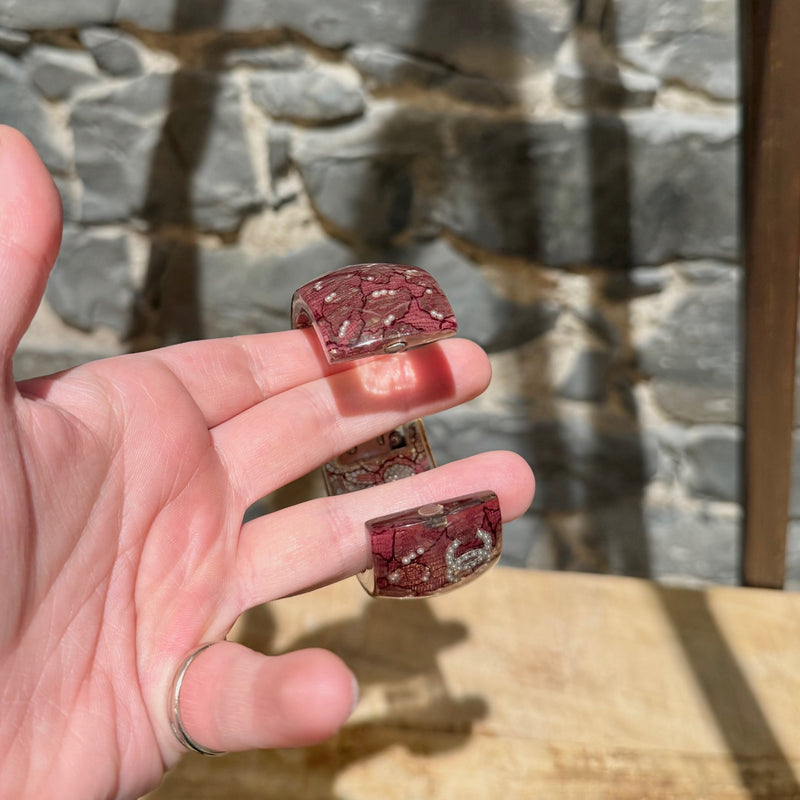 Chanel 13P Pink Lucite Lace Inlay CC Pearl Embellished Wide Bangle Bracelet