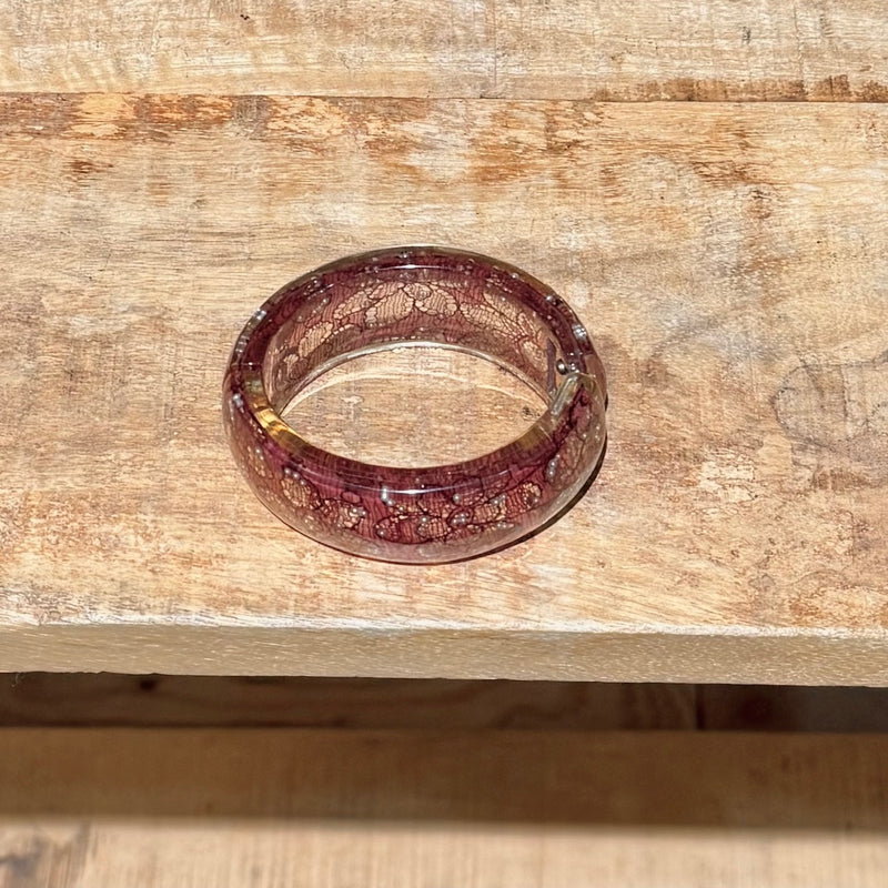 Chanel 13P Pink Lucite Lace Inlay CC Pearl Embellished Wide Bangle Bracelet