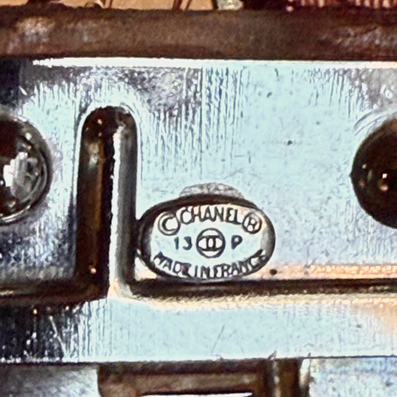 Chanel 13P Pink Lucite Lace Inlay CC Pearl Embellished Wide Bangle Bracelet