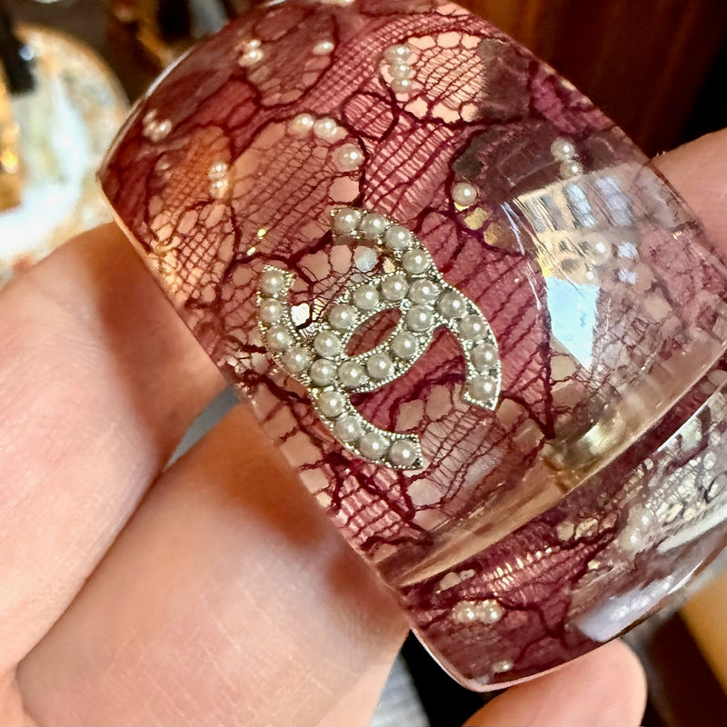 Chanel 13P Pink Lucite Lace Inlay CC Pearl Embellished Wide Bangle Bracelet