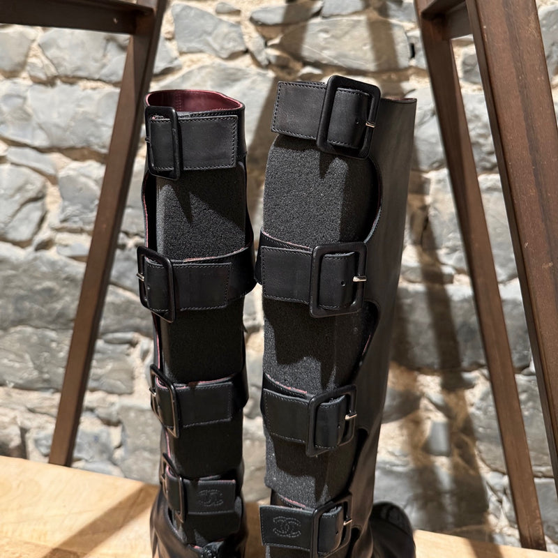 Chanel 2007 Black Cut Out Gladiator Riding Boots