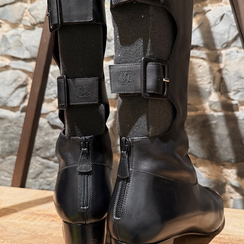Chanel 2007 Black Cut Out Gladiator Riding Boots