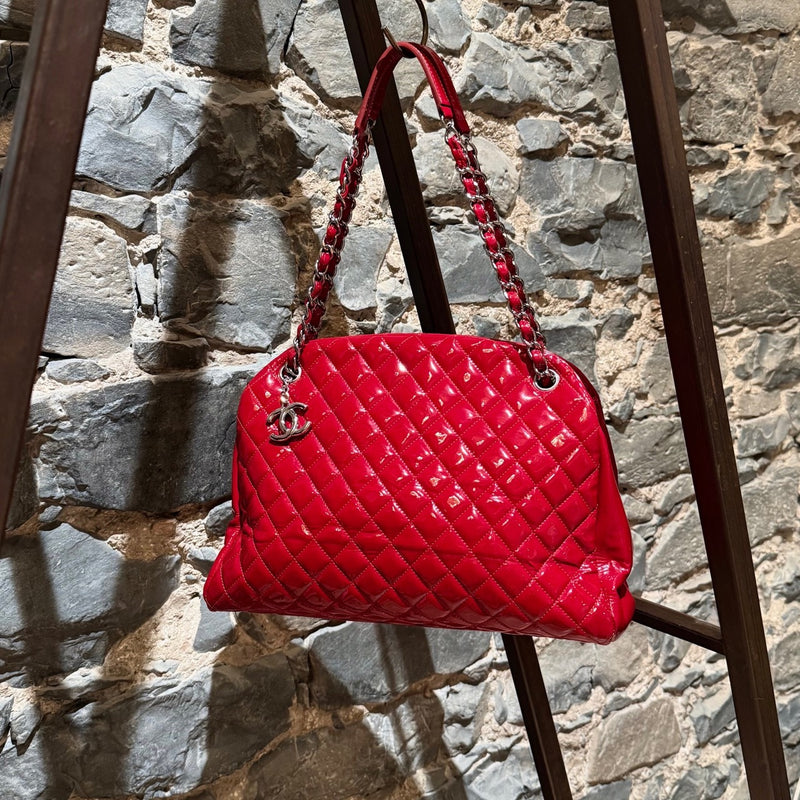 Front and handles of Chanel 2011 Red Patent Large Just Mademoiselle Bowling Bag