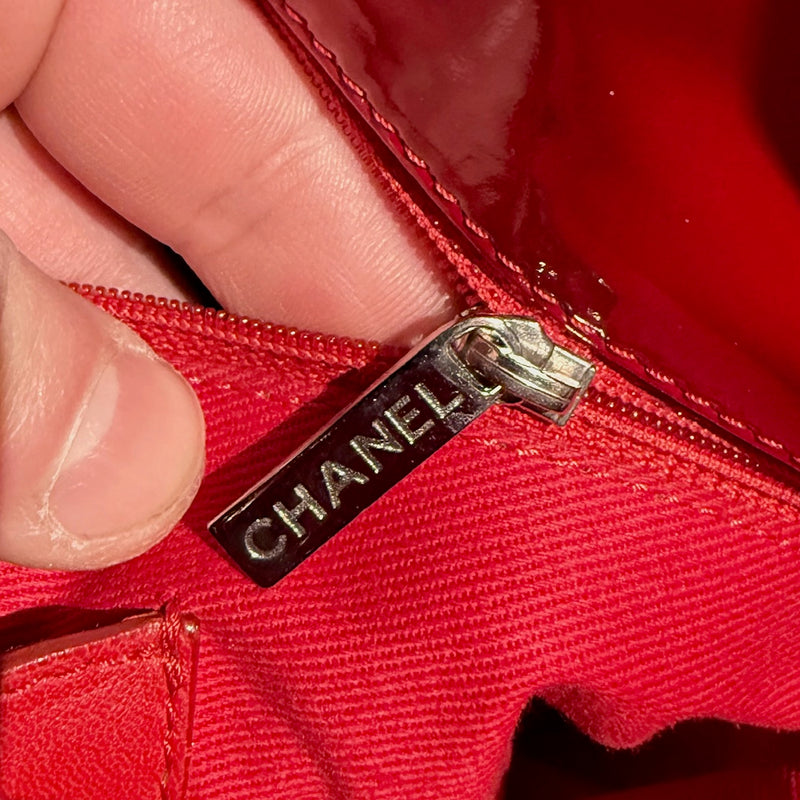 Branded hardware of Chanel 2011 Red Patent Large Just Mademoiselle Bowling Bag