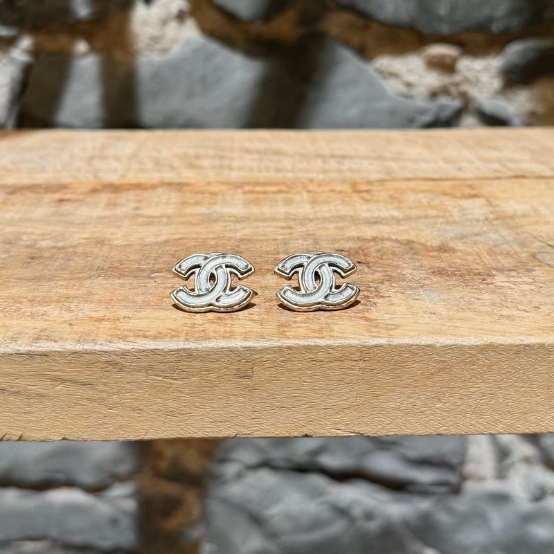 Chanel 2012 Mother Of Pearl & Gold CC Stud Earrings