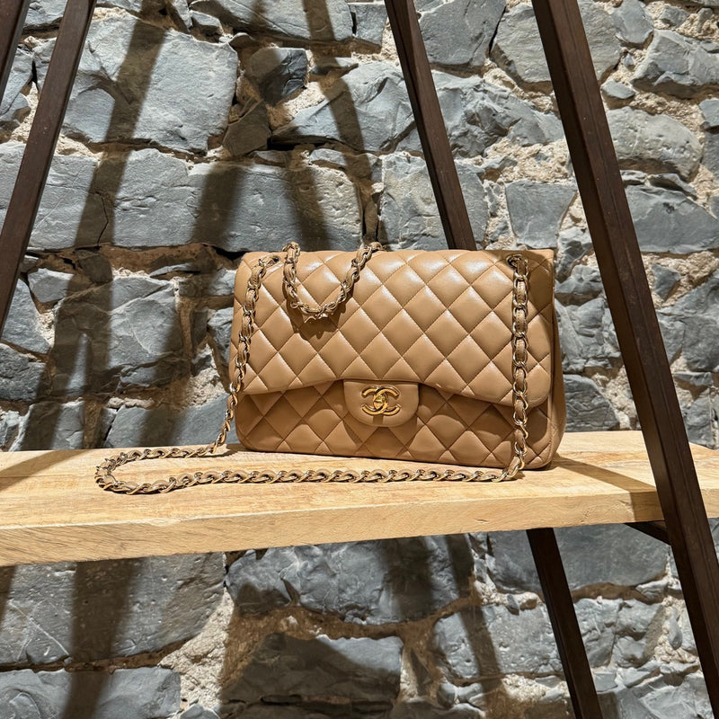 Chanel 2013-2014 Beige Lambskin Jumbo Classic Double Flap Bag