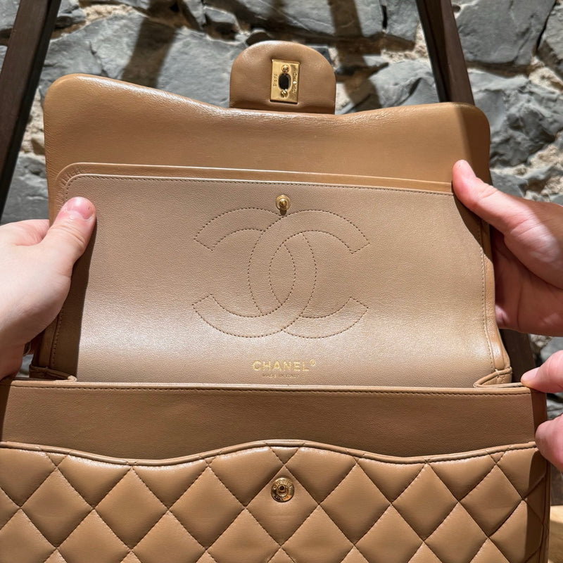 Flap of Chanel 2013-2014 Beige Lambskin Jumbo Classic Double Flap Bag