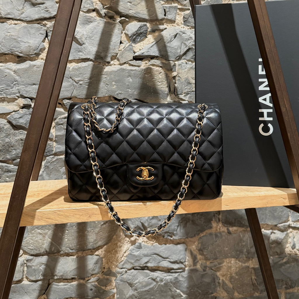 Chanel 2013-2014 Black Lambskin Jumbo Classic Double Flap Bag