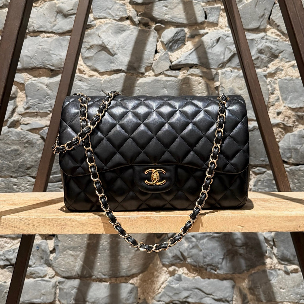 Chanel 2013-2014 Black Lambskin Jumbo Classic Double Flap Bag