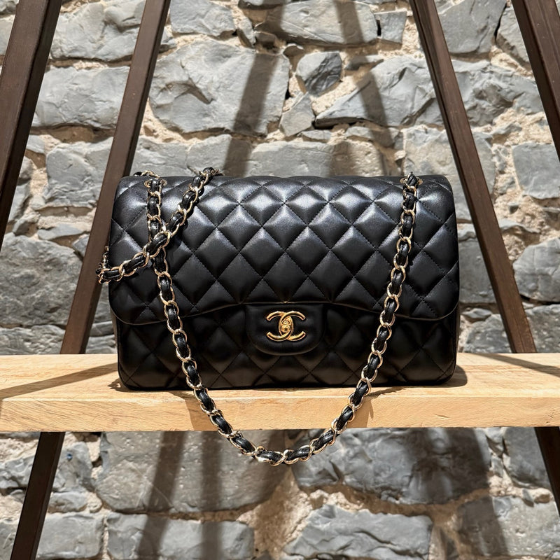Chanel 2013-2014 Black Lambskin Jumbo Classic Double Flap Bag