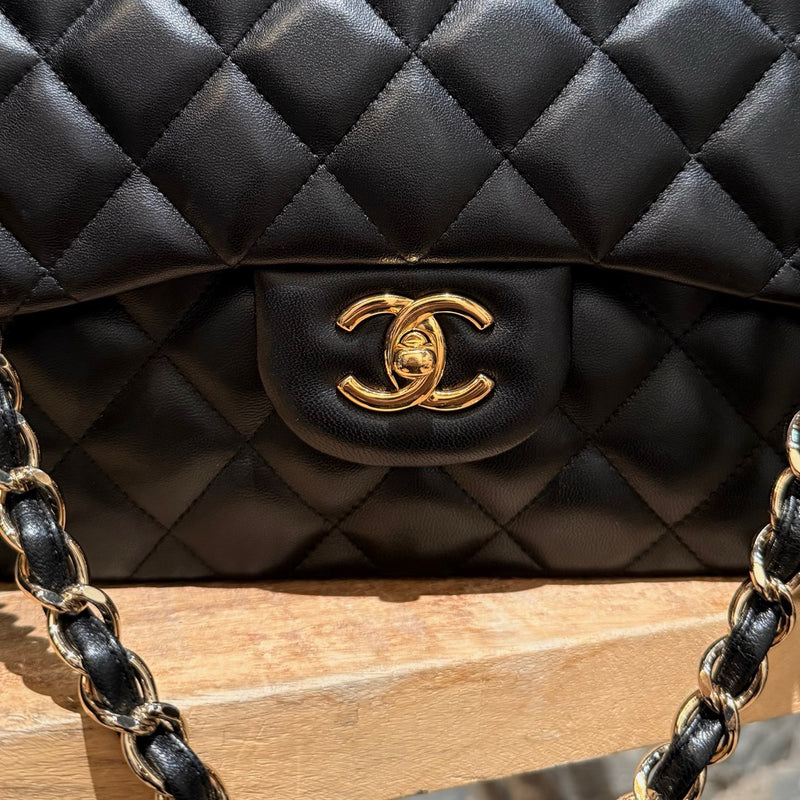 Chanel 2013-2014 Black Lambskin Jumbo Classic Double Flap Bag