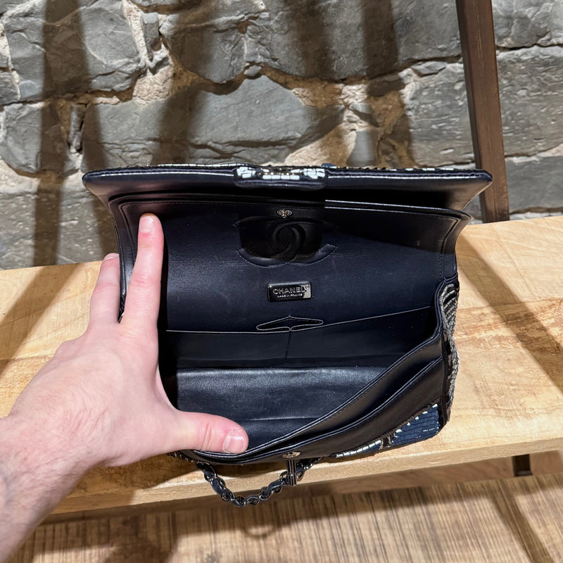 Interior of Chanel 2015-2016 Navy Blue Satin Sequin Beaded Medium Double Flap Bag