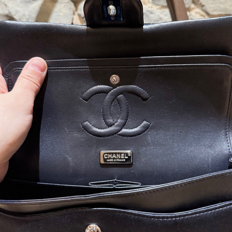 Brand and origin plaque of Chanel 2015-2016 Navy Blue Satin Sequin Beaded Medium Double Flap Bag