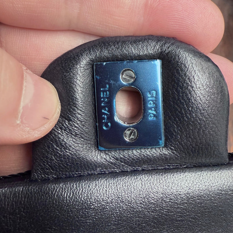 Branded hardware of Chanel 2015-2016 Navy Blue Satin Sequin Beaded Medium Double Flap Bag