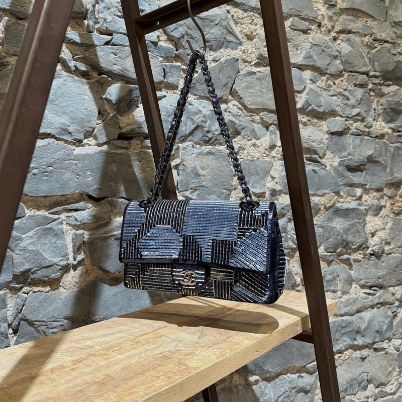 Suspended Chanel 2015-2016 Navy Blue Satin Sequin Beaded Medium Double Flap Bag