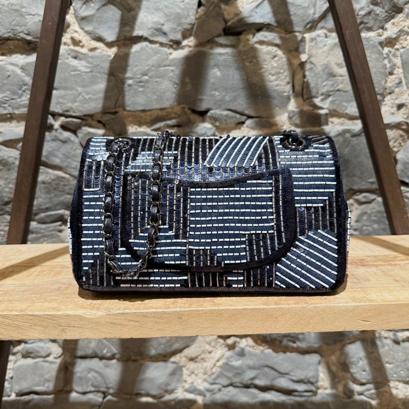 Back view of Chanel 2015-2016 Navy Blue Satin Sequin Beaded Medium Double Flap Bag