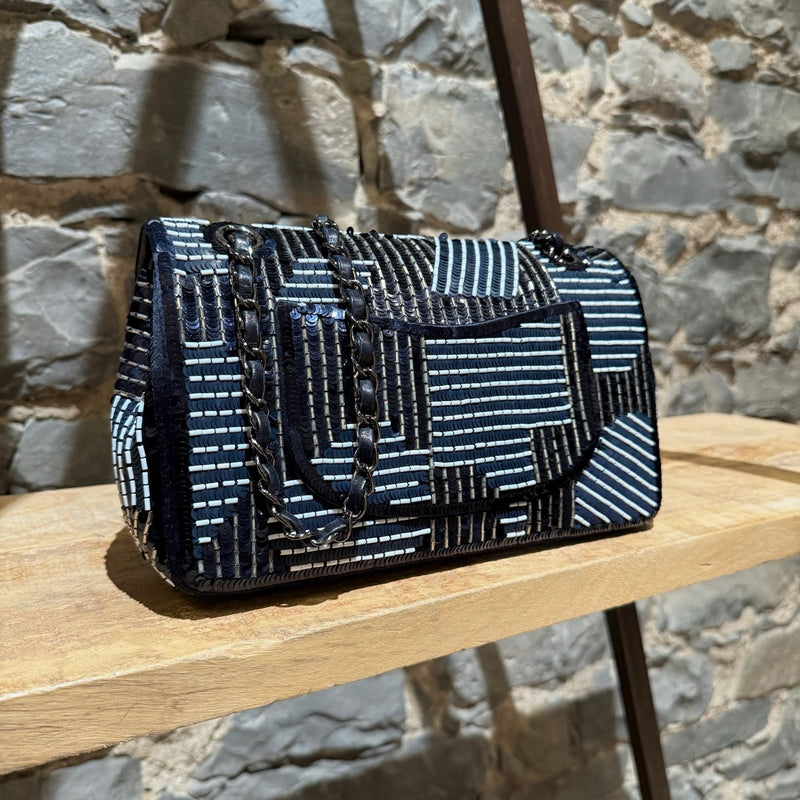 Side back view of Chanel 2015-2016 Navy Blue Satin Sequin Beaded Medium Double Flap Bag